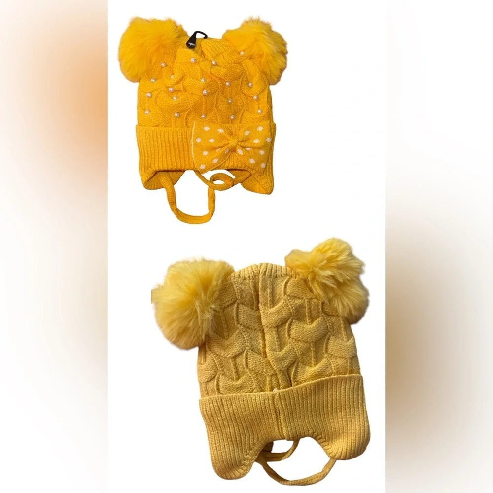 Kids' Double Pom Beanie pearl with a front bow‎ new